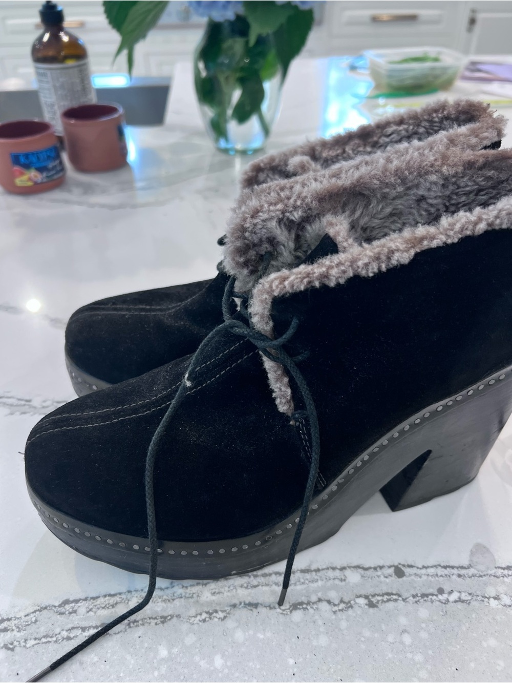 rag & bone Black Suede Lace-Up Fur-Trim Clog Booties